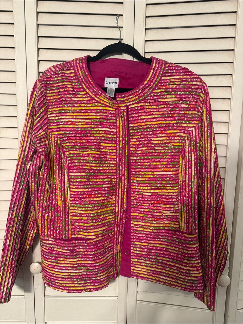 Chico's Hot Pink Multicolor Striped Quilted Blazer